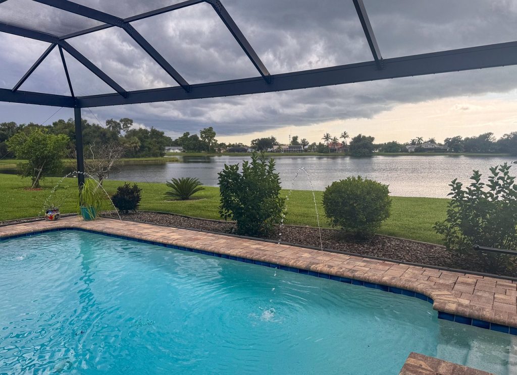 pool, fountains, storm, clouds, sky, nature, florida